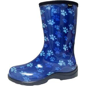 Women's Paw Print Blue Waterproof Mid Calf Rubber Garden Comfort Insole Boot